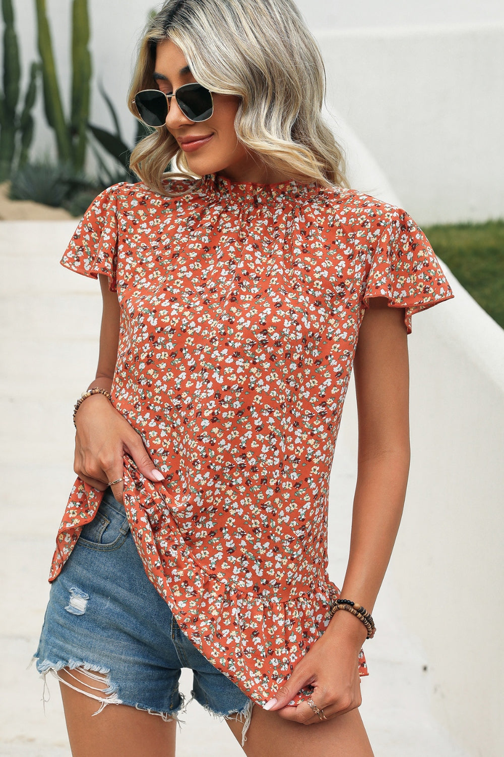 Ditsy Floral Mock Neck Short Sleeve T-Shirt