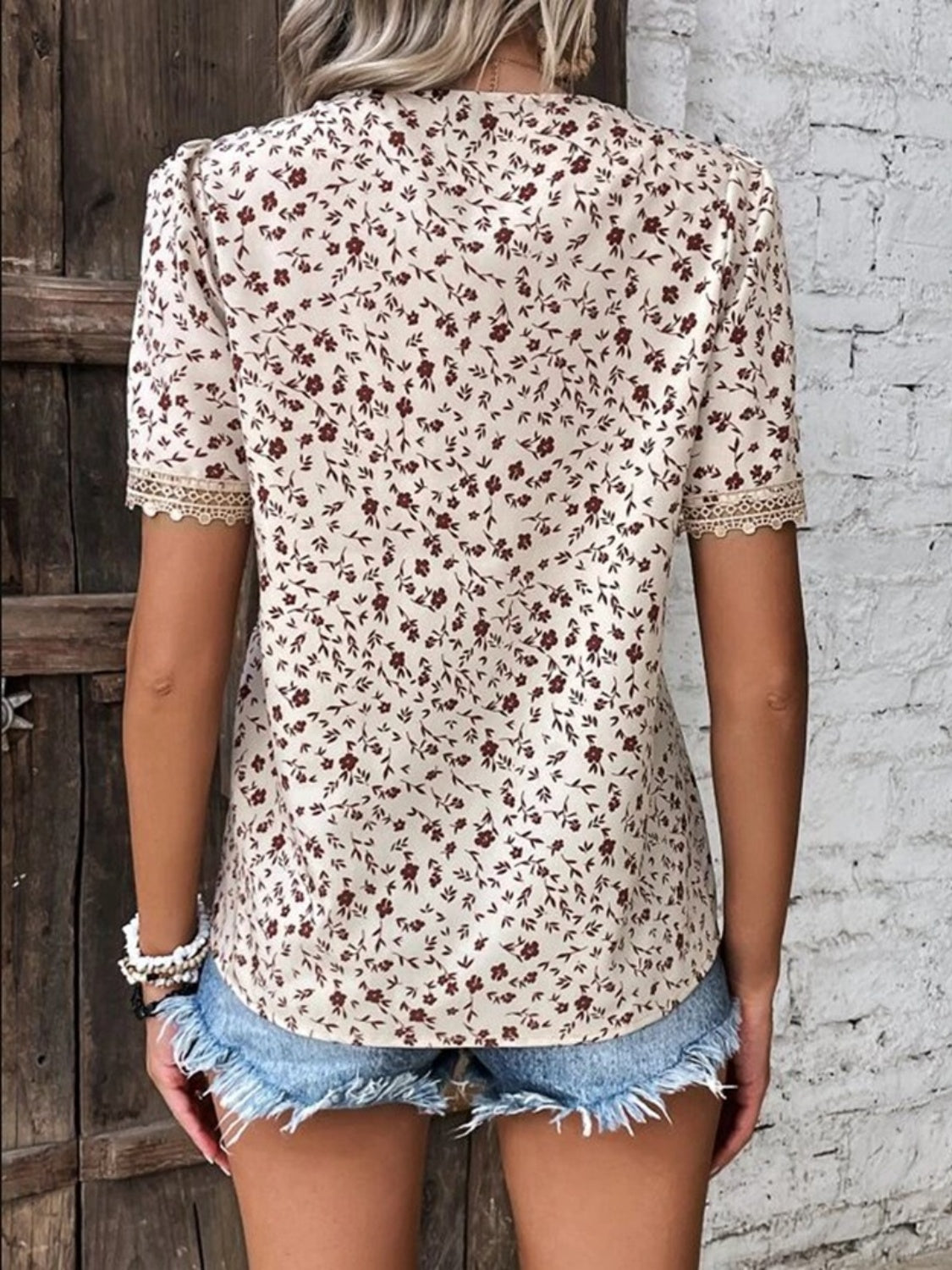 Full Size Printed V-Neck Short Sleeve Blouse