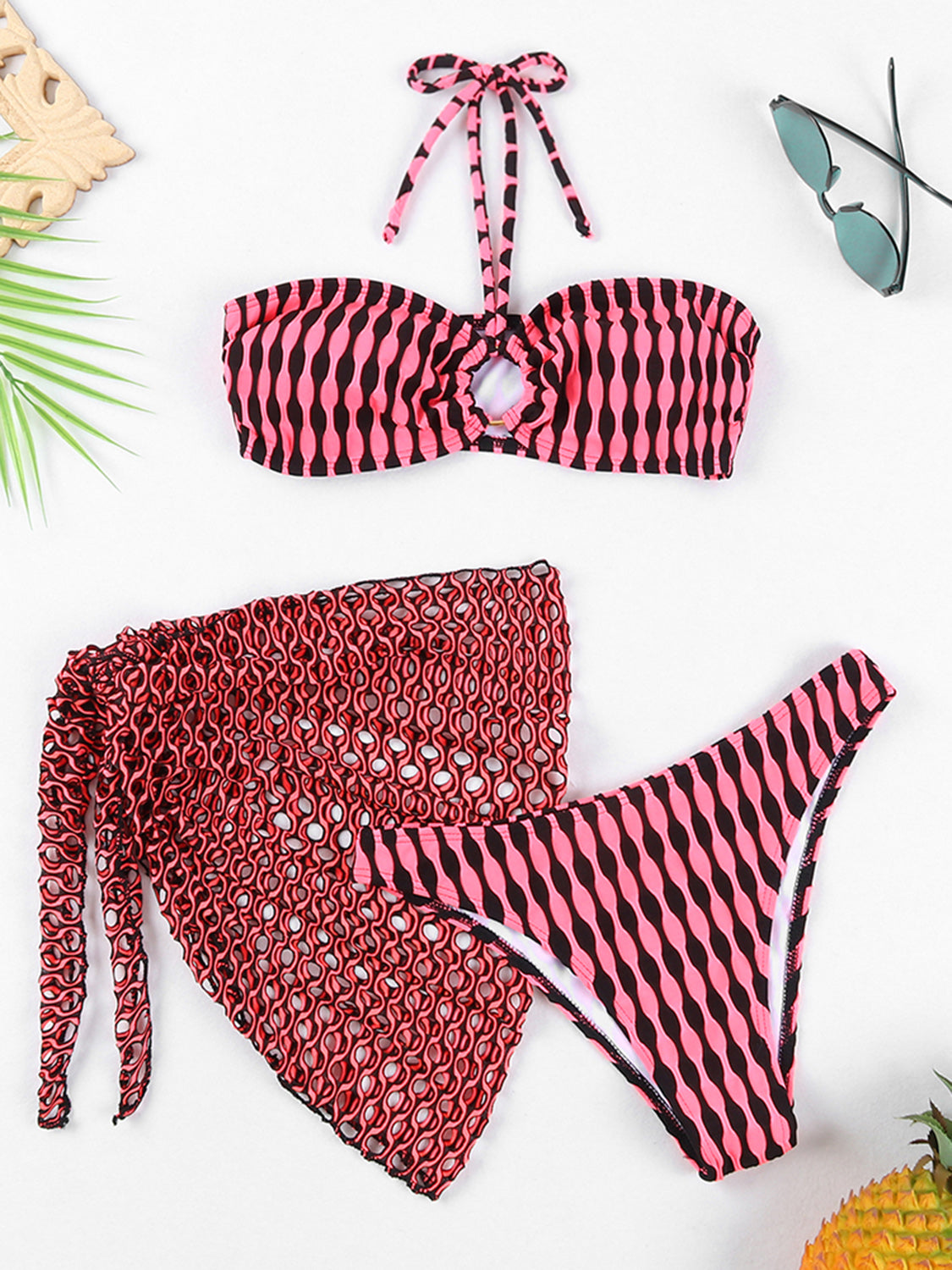 Geometric Halter Neck Three-Piece Swim Set