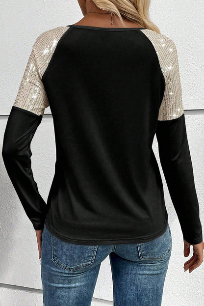 Sequin Round Neck Long Sleeve T-Shirt