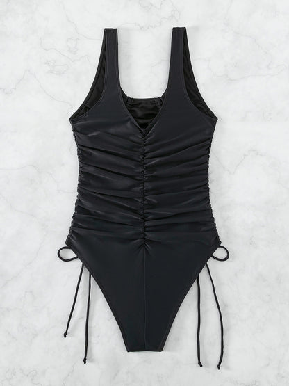 Drawstring Scoop Neck Wide Strap One-Piece Swimwear