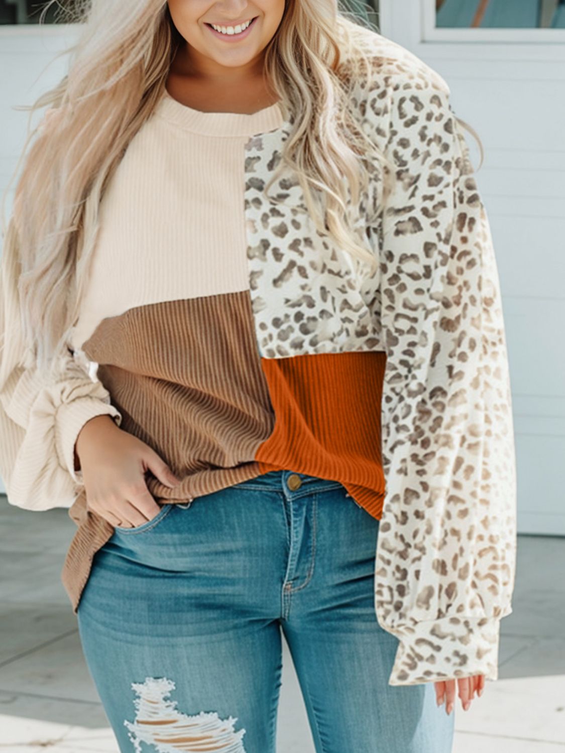 Plus Size Color Block Leopard Round Neck Top