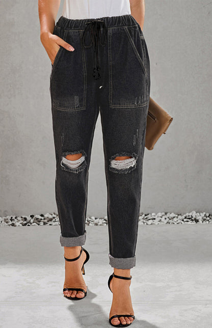 Distressed Drawstring Gather Round Distressed Pocketed Denim Jogger