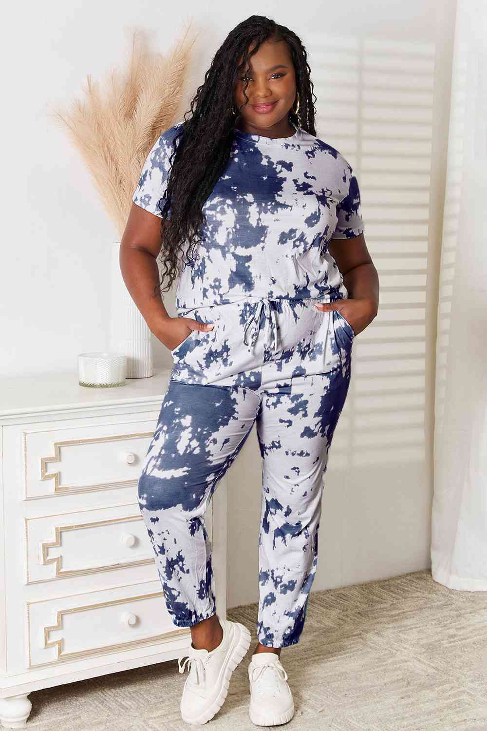 Double Take Tie-Dye Tee and Drawstring Waist Joggers Lounge Set