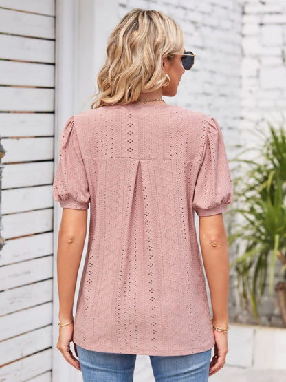 Eyelet Notched Short Sleeve Blouse