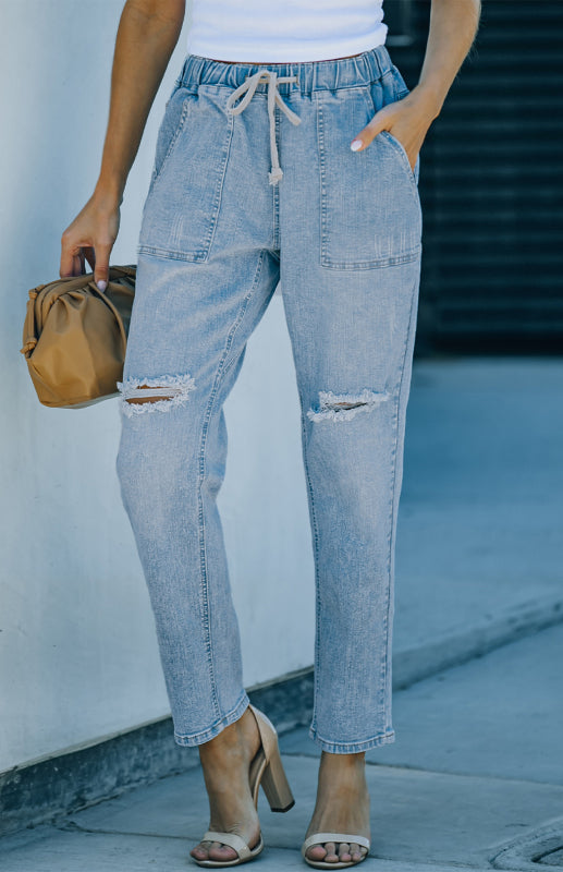 Distressed Drawstring Gather Round Distressed Pocketed Denim Jogger