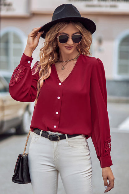 Spliced Lace V-Neck Puff Sleeve Shirt