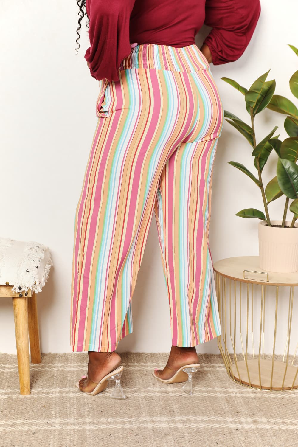 Double Take Striped Smocked Waist Pants with Pockets