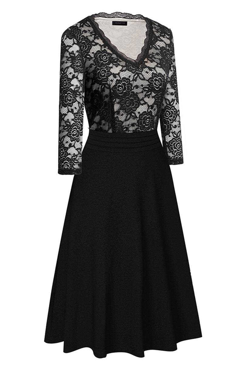 V-Neck Lace Detail Knee-Length Dress