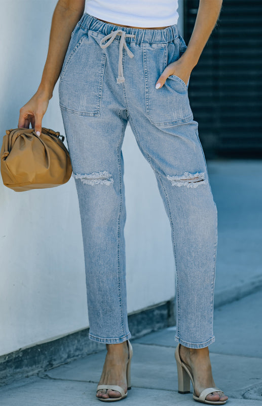 Distressed Drawstring Gather Round Distressed Pocketed Denim Jogger