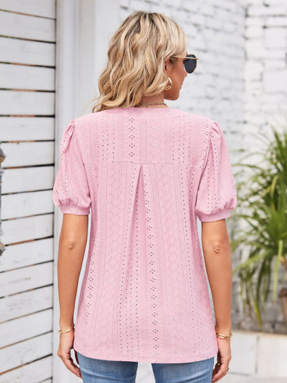 Eyelet Notched Short Sleeve Blouse