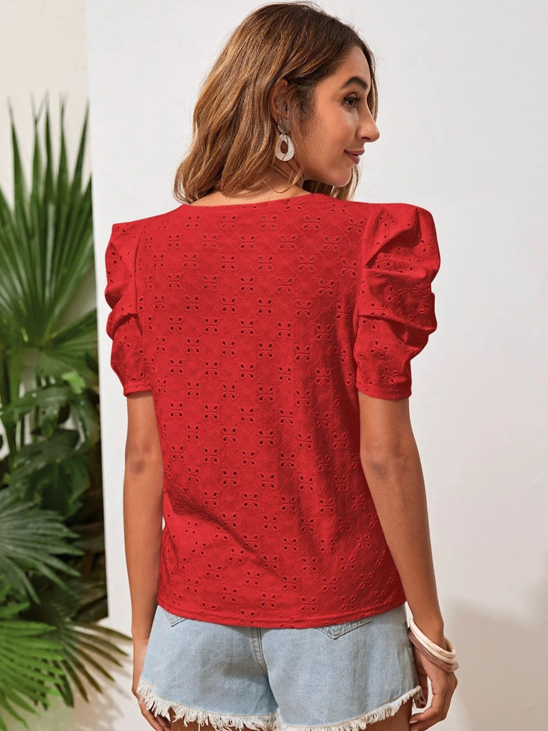 Eyelet Round Neck Puff Sleeve Blouse