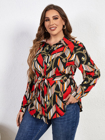 Plus Size Printed Collared Neck Tie Waist Long Sleeve Shirt