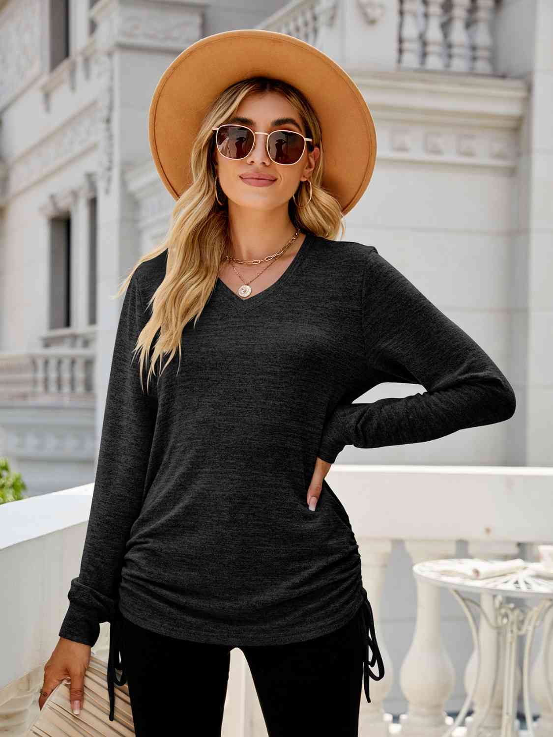 Drawstring V-Neck Long Sleeve T-Shirt