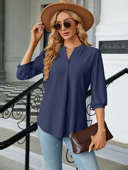 Notched Neck Three-Quarter Sleeve Blouse