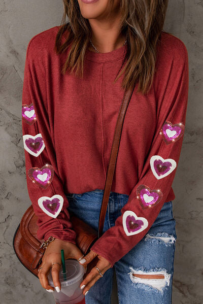 Heart Sequin Round Neck Long Sleeve T-Shirt