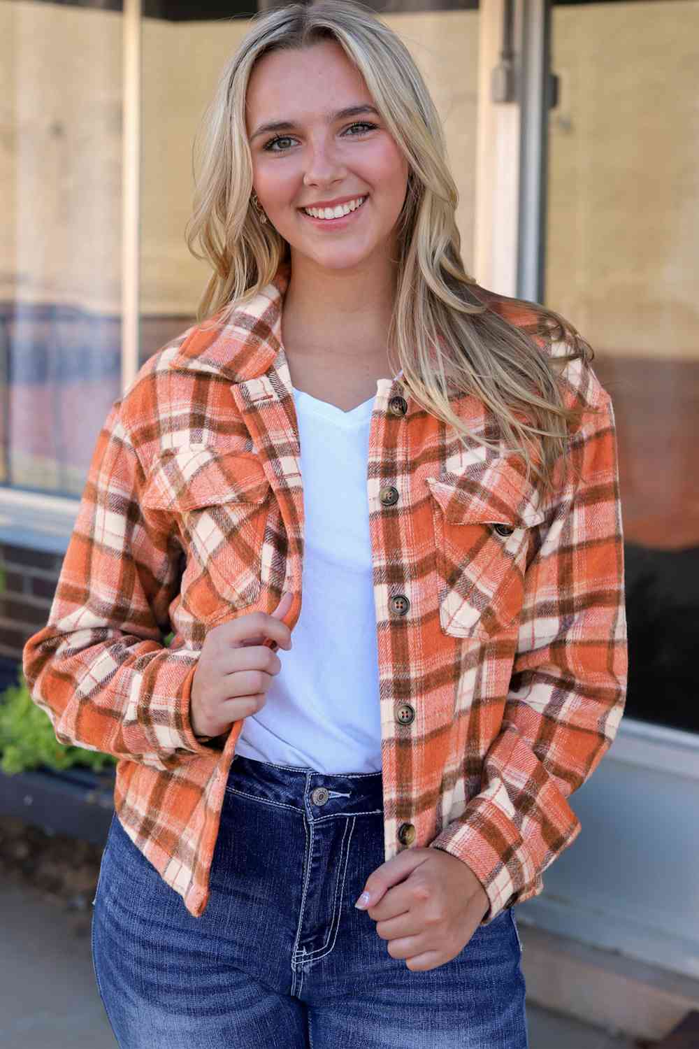 Plaid Collared Neck Button Down Jacket