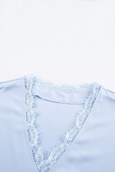 Lace Detail V-Neck Cap  Sleeve T-Shirt