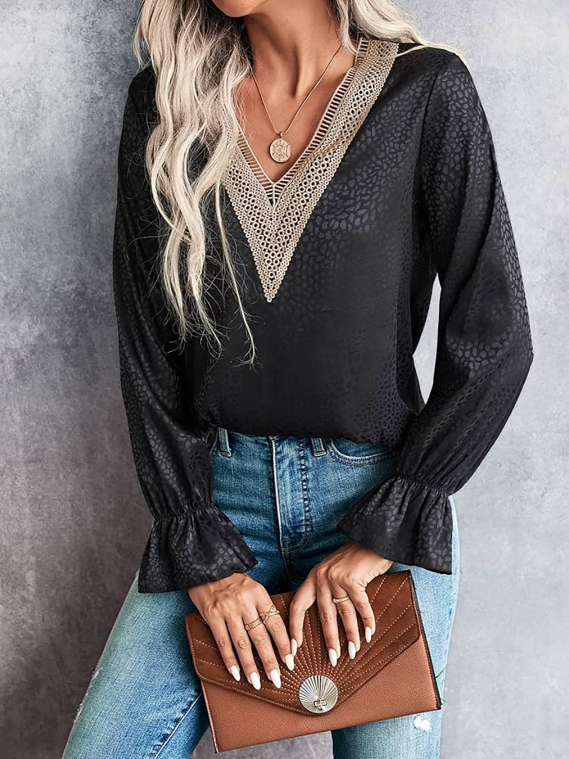 V-Neck Flounce Sleeve Blouse