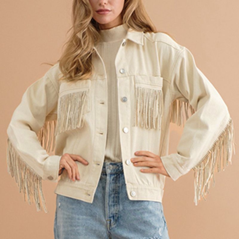 Fringe Detail Dropped Shoulder Denim Jacket