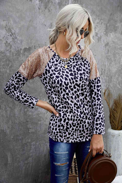 Sequin Round Neck Long Sleeve T-Shirt