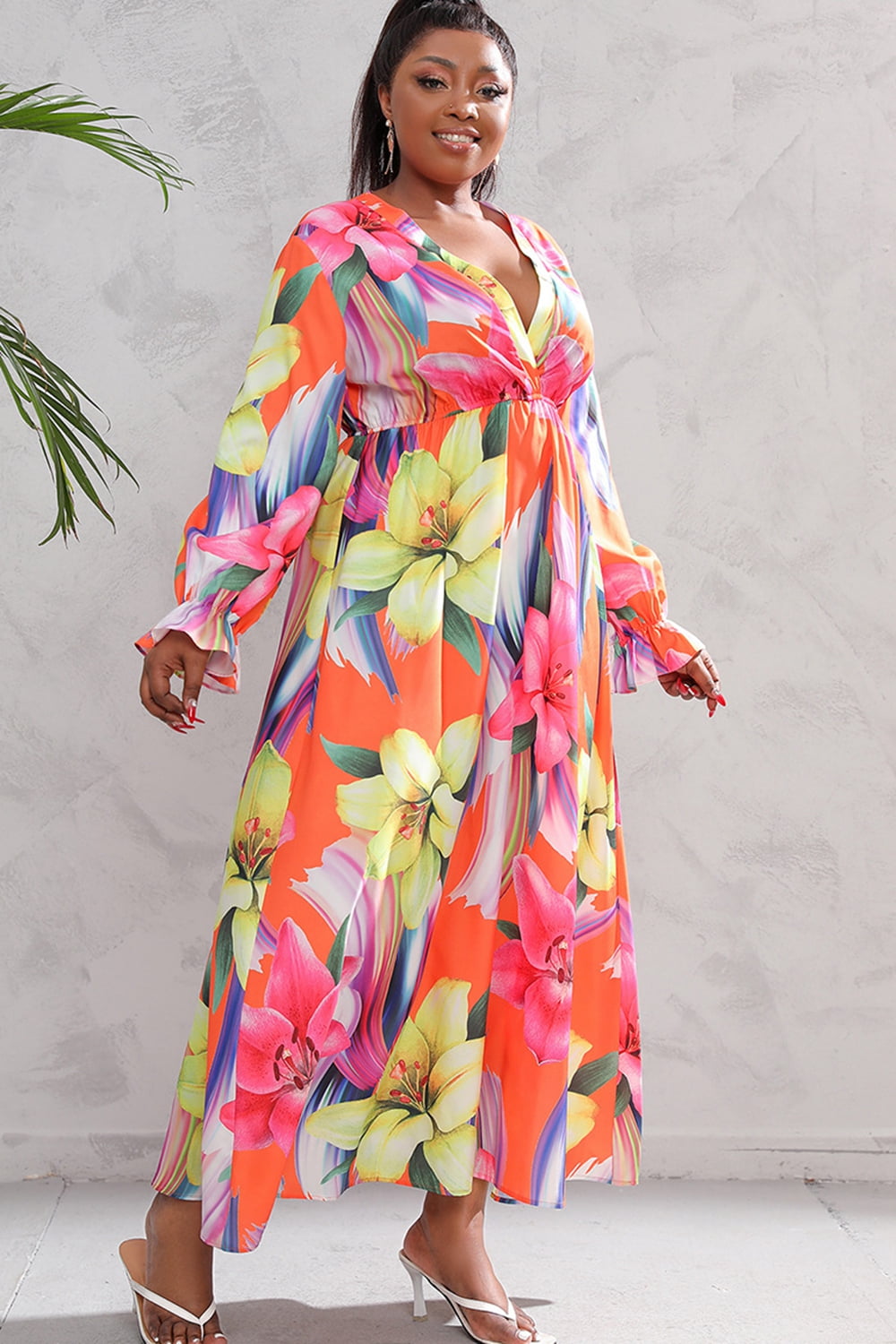 Plus Size Printed Flounce Sleeve Maxi Dress