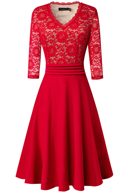 V-Neck Lace Detail Knee-Length Dress