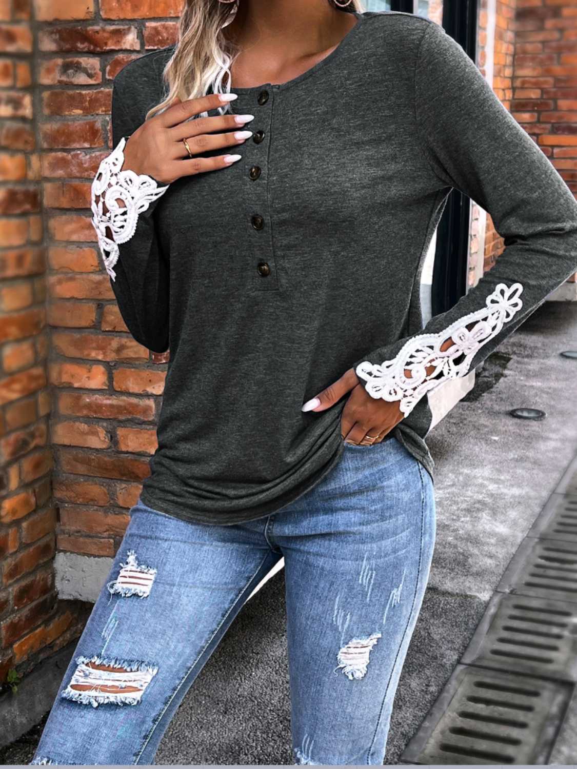 Spliced Lace Half Button Long Sleeve T-Shirt