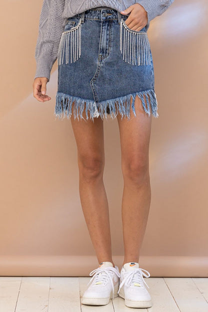 Rhinestone Fringe Denim Skirt