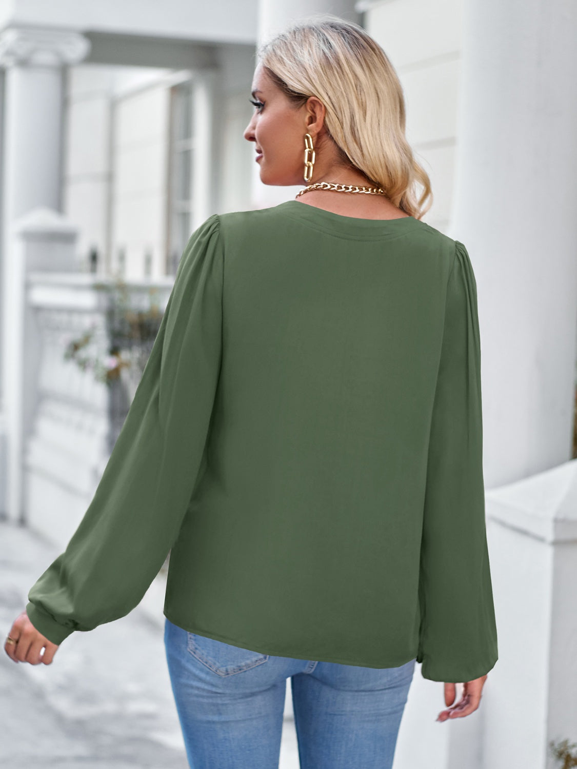 Notched Neck Puff Sleeve Blouse