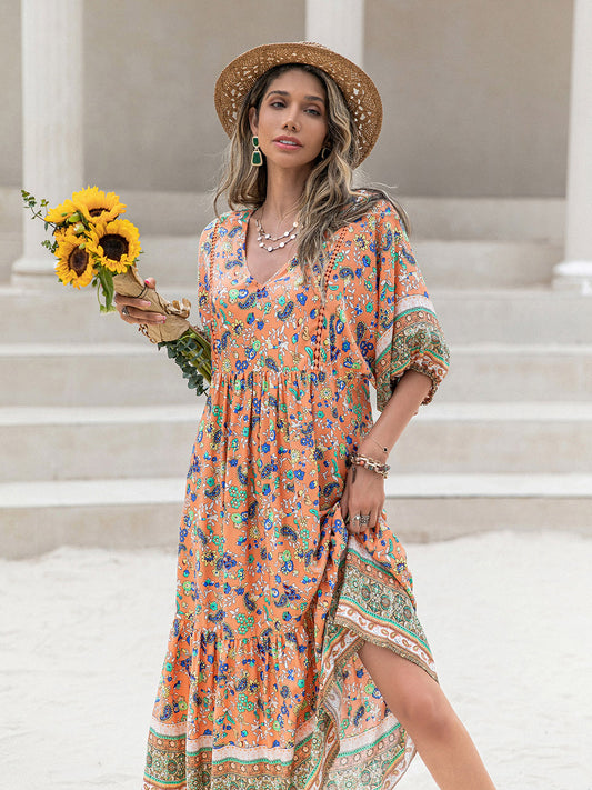 Printed V-Neck Short Sleeve Maxi Dress