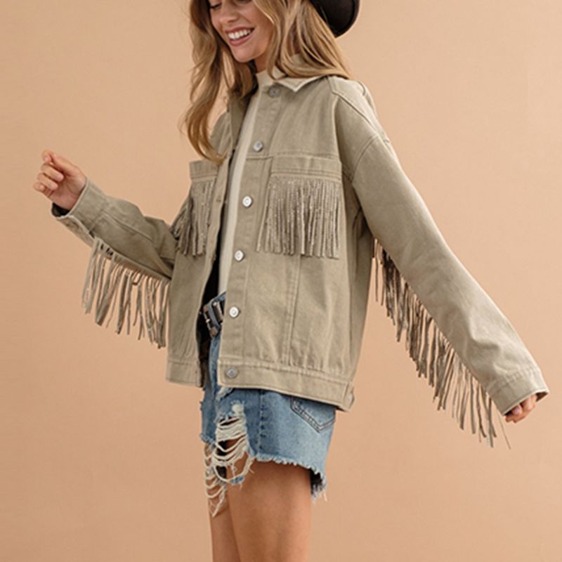 Fringe Detail Dropped Shoulder Denim Jacket