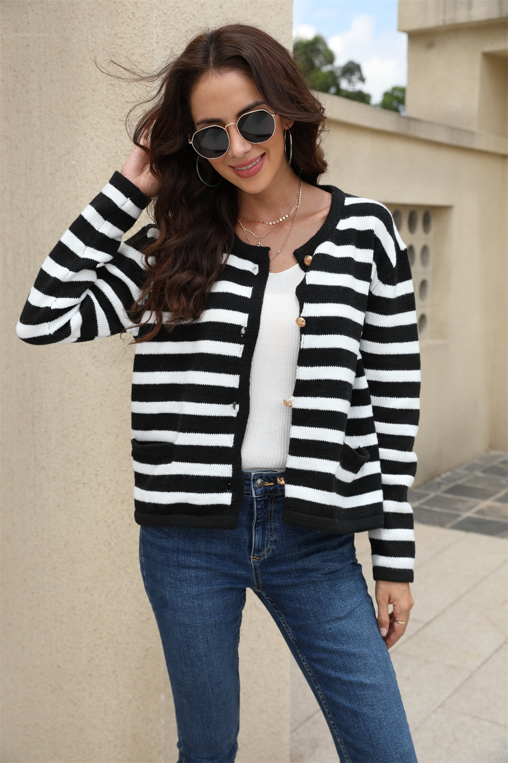 Striped Round Neck Button-Down Dropped Shoulder Cardigan