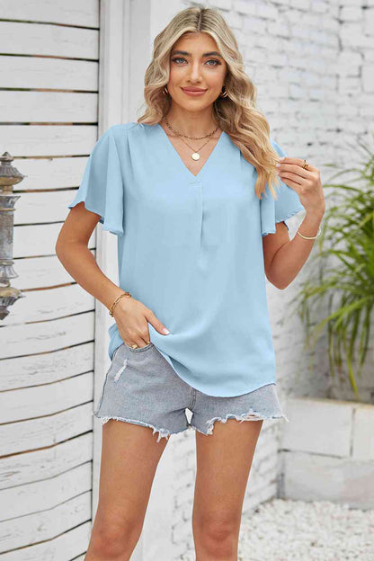 V-Neck Flutter Sleeve Blouse