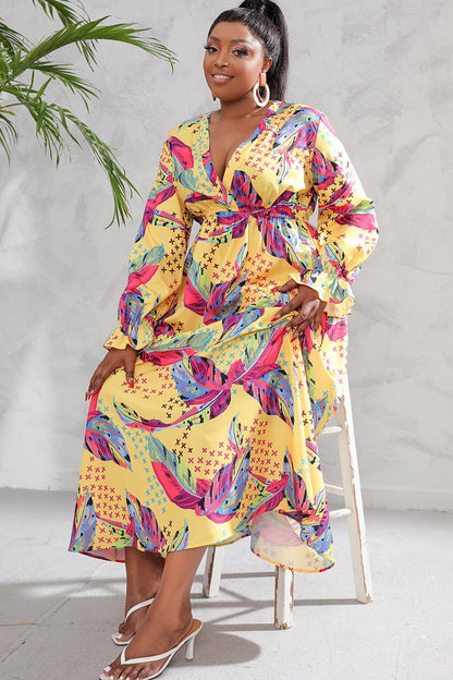 Plus Size Printed Flounce Sleeve Maxi Dress