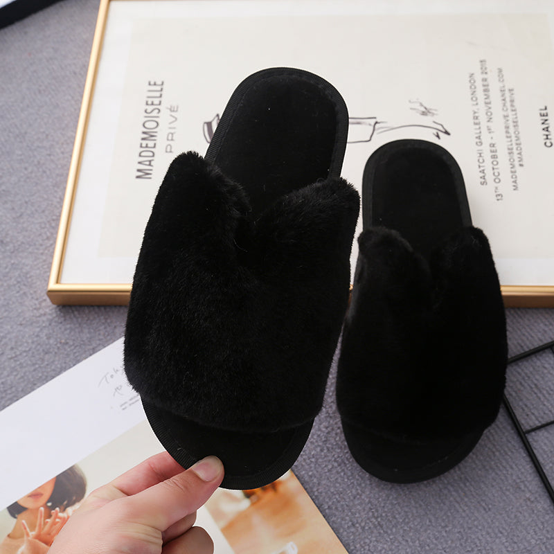 Faux Fur Open Toe Slippers