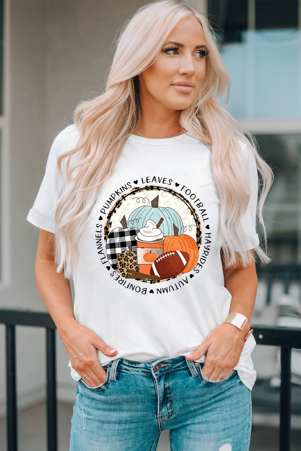 Pumpkin Graphic Round Neck Cuffed T-Shirt