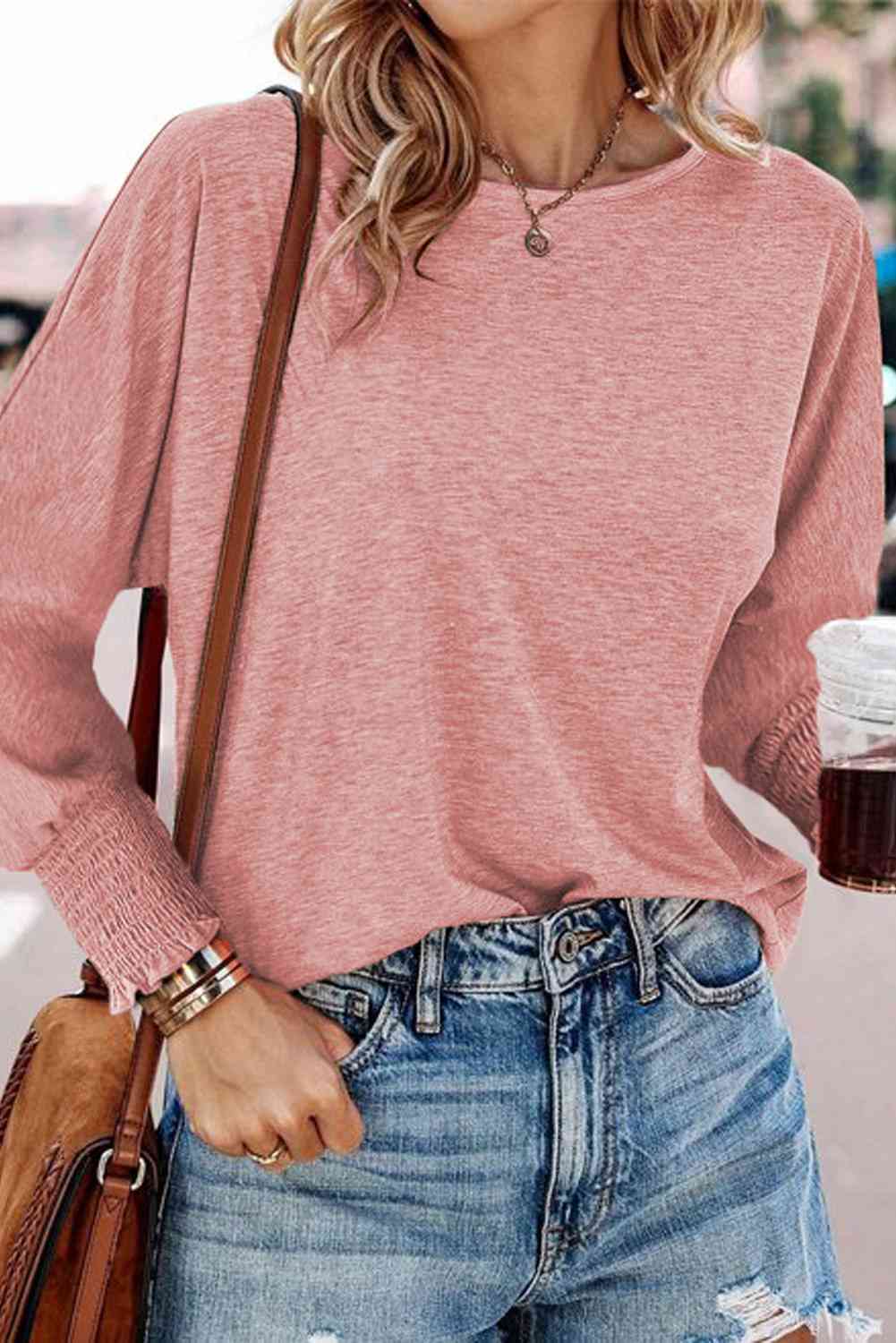 Round Neck Smocked Long Sleeve Blouse