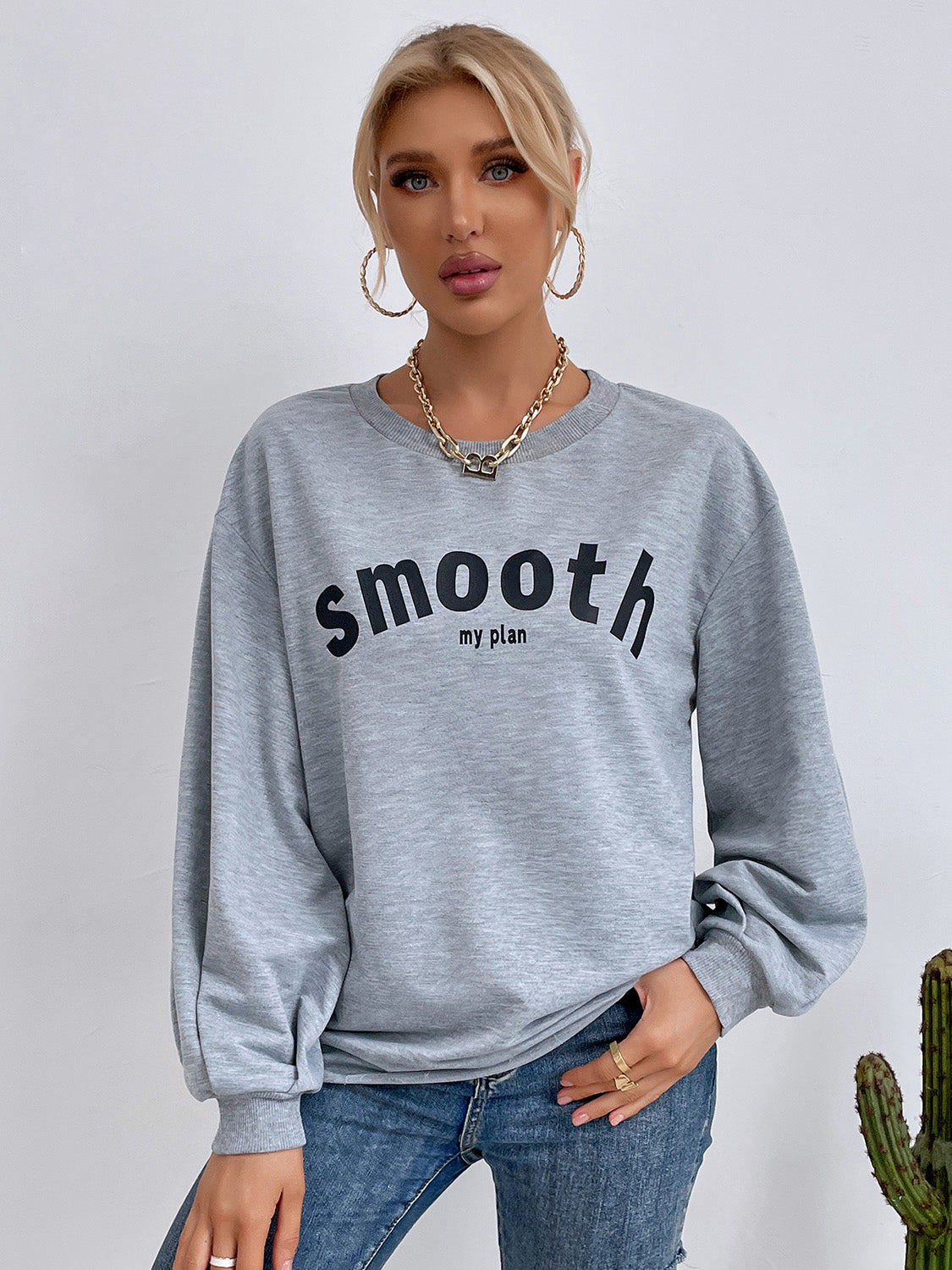 Round Neck Long Sleeve SMOOTH MY PLAN Graphic Sweatshirt