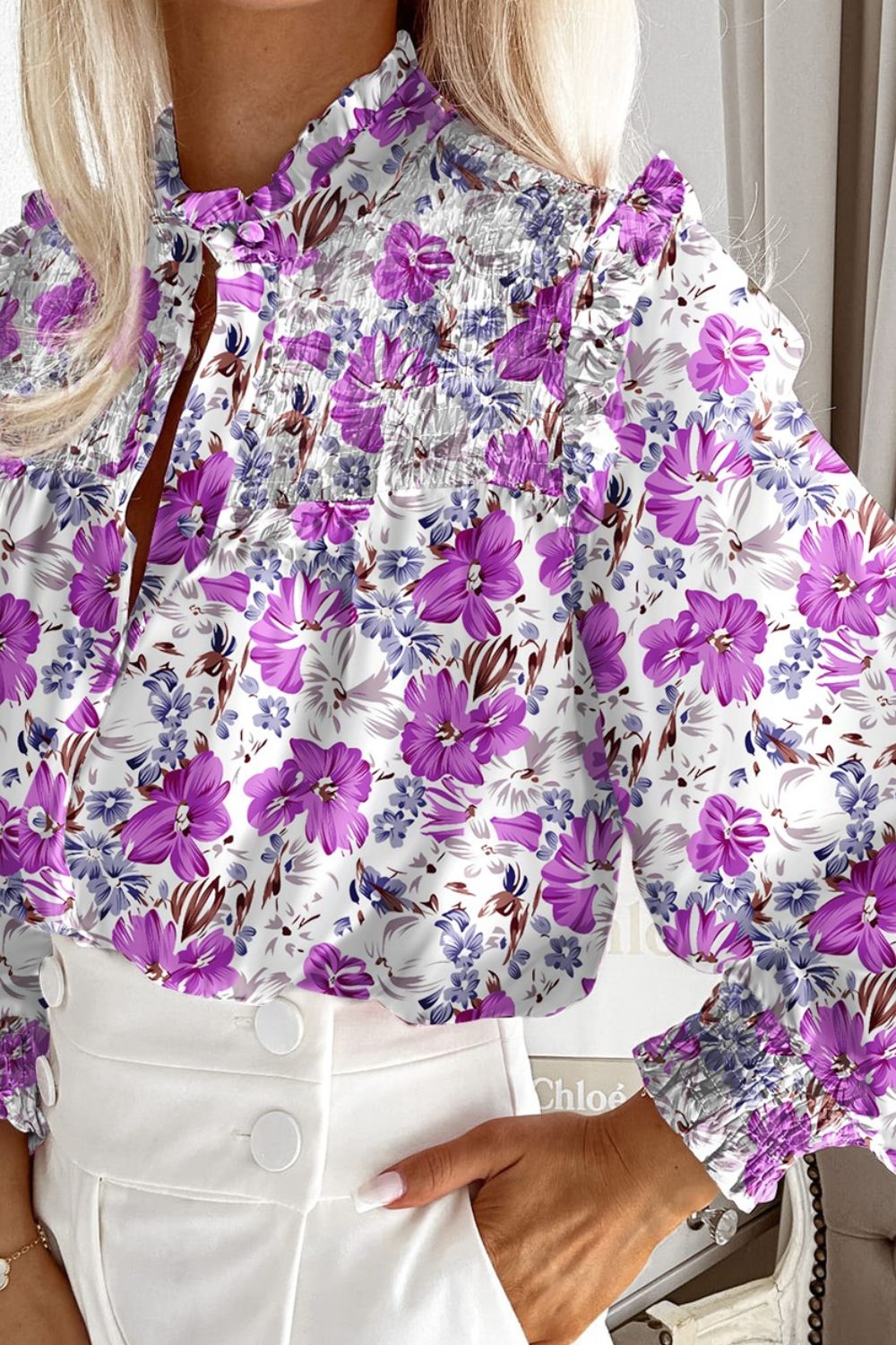 Ruffled Smocked Floral Lantern Sleeve Shirt