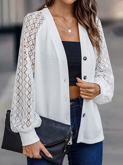 Lantern Sleeve V-Neck Button-Down Cardigan