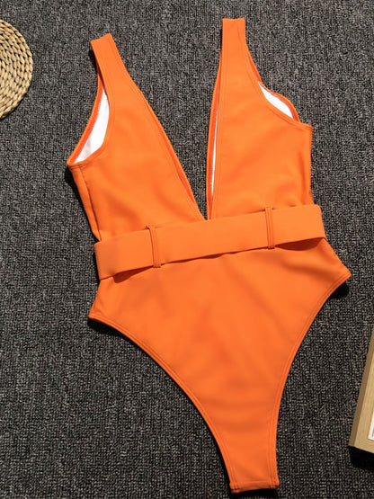 Plunge Wide Strap Sleeveless One-Piece Swimwear