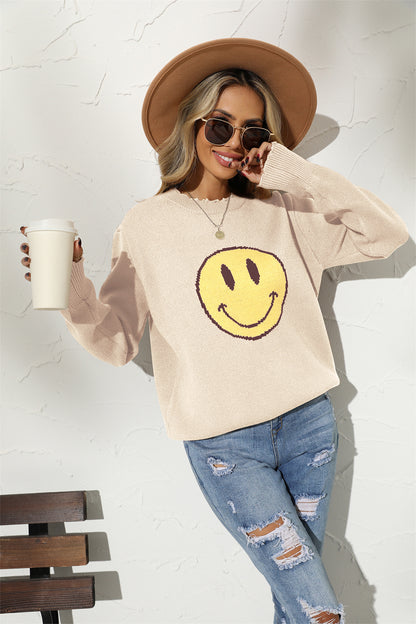 Round Neck Long Sleeve Smily Face Graphic Sweater