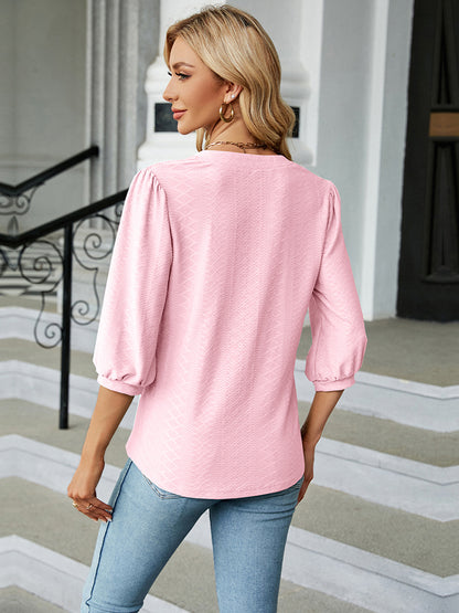 Notched Neck Three-Quarter Sleeve Blouse