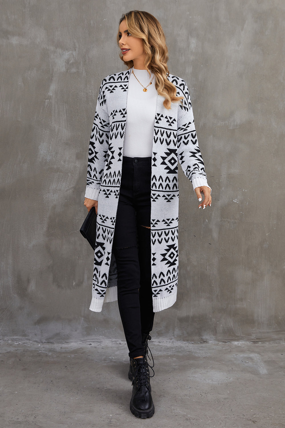 Geometric Open Front Longline Cardigan