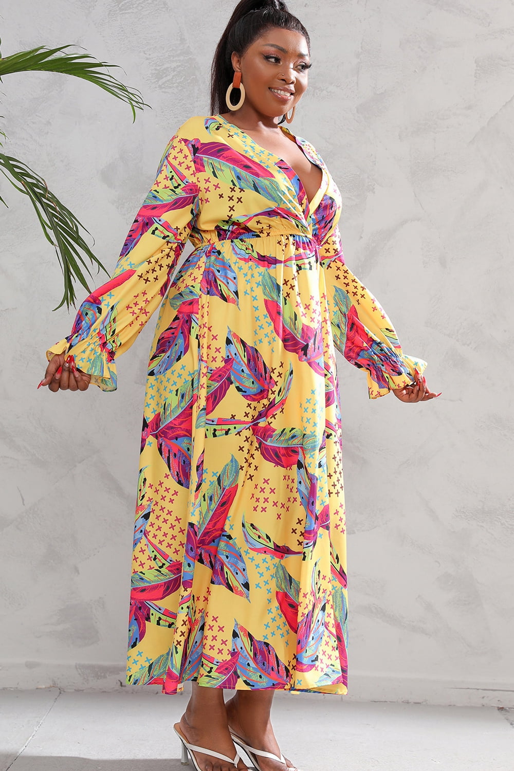 Plus Size Printed Flounce Sleeve Maxi Dress