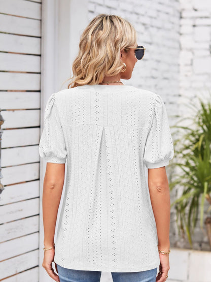 Eyelet Notched Short Sleeve Blouse