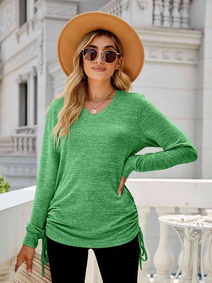 Drawstring V-Neck Long Sleeve T-Shirt