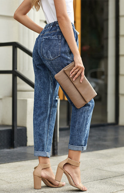 Distressed Drawstring Gather Round Distressed Pocketed Denim Jogger