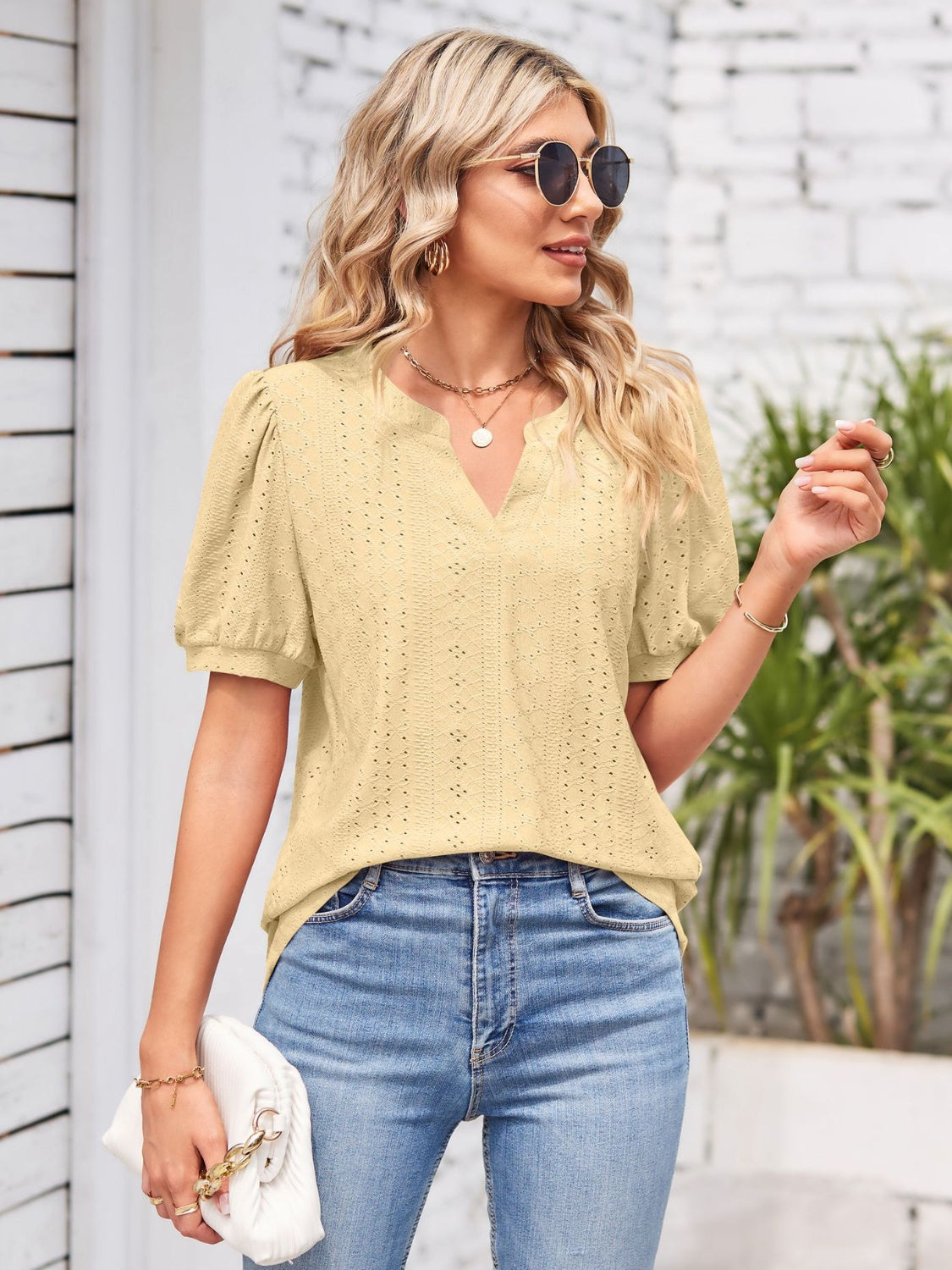 Eyelet Notched Short Sleeve Blouse